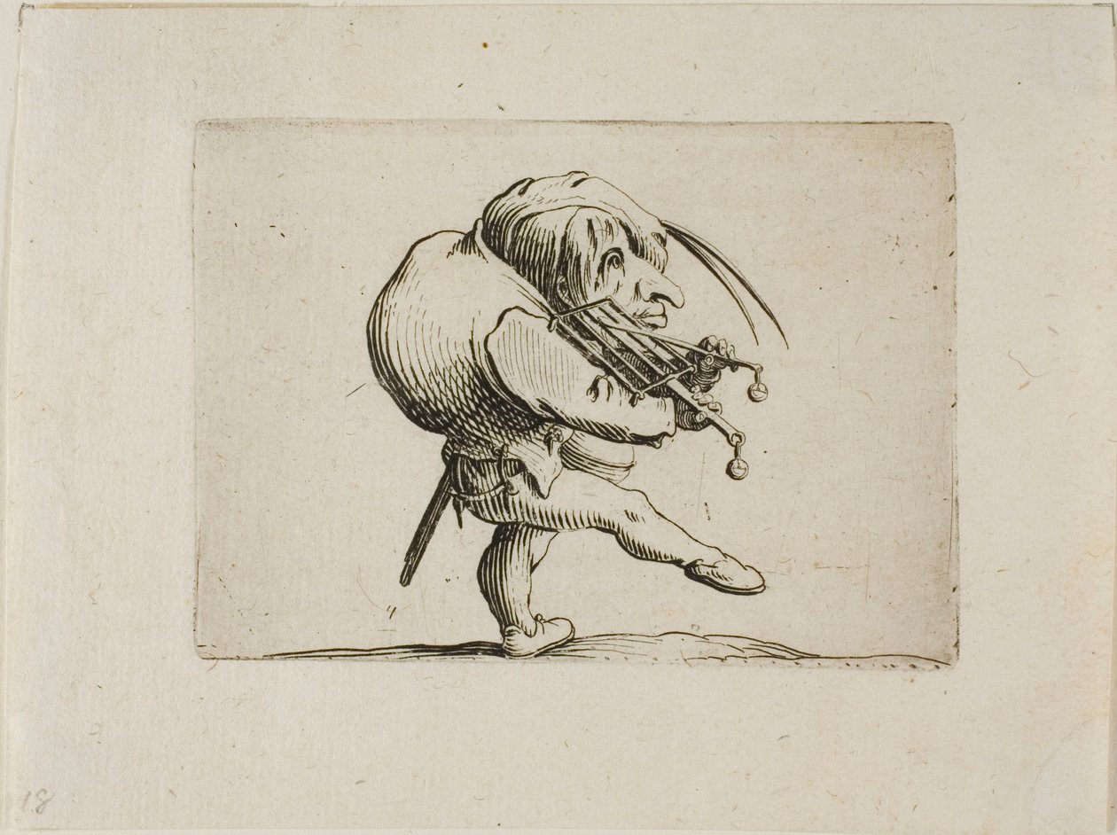 Hombre tocando una parrilla como violín, de Varie Figure Gobbi de Jacques Callot