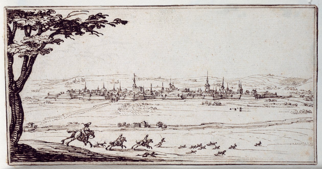 Nancy en la distancia: cazadores persiguiendo una liebre de Jacques Callot