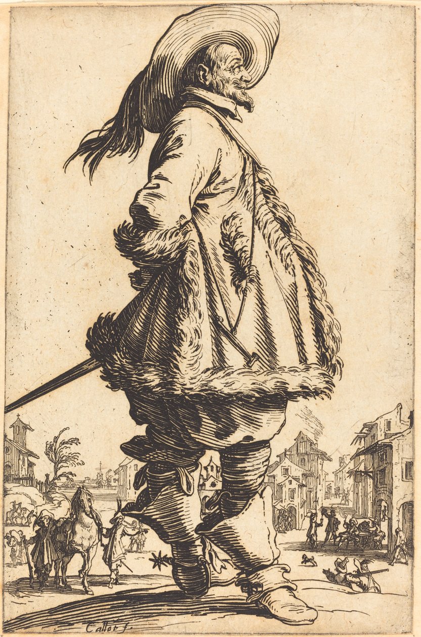 Hombre Noble con Manto Adornado con Piel, Sosteniendo sus Manos Detrás de su Espalda de Jacques Callot