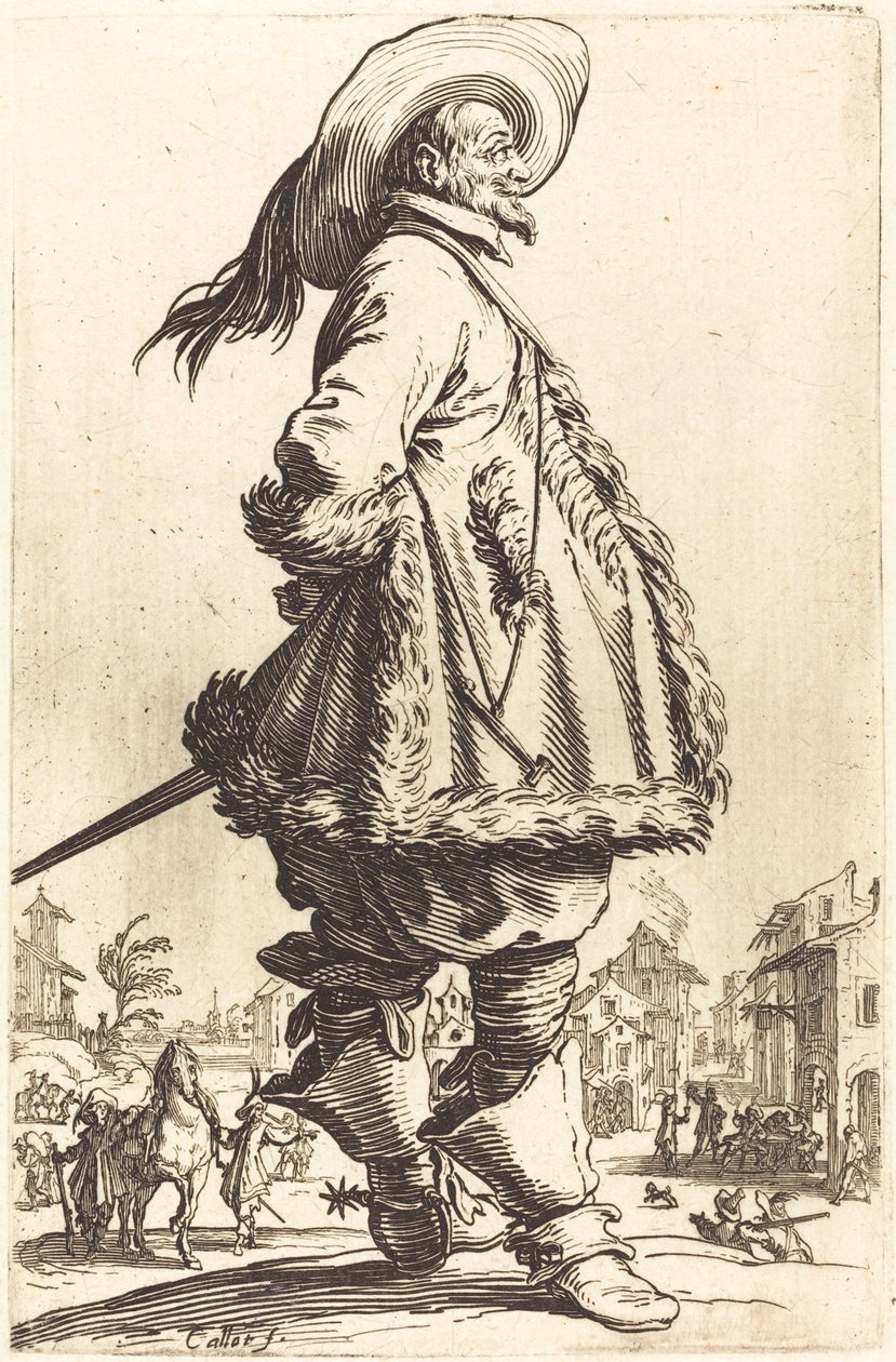 Hombre noble con manto adornado con piel, sosteniendo sus manos detrás de su espalda, c. 1620-1623 de Jacques Callot