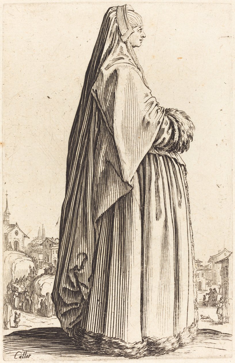 Mujer noble con velo y vestido adornado con piel de Jacques Callot