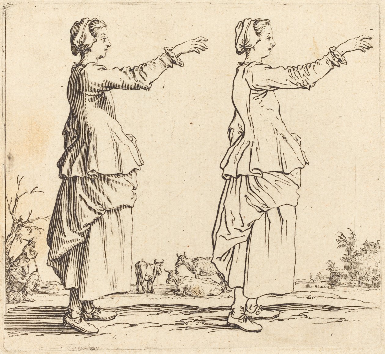 Campesina, de perfil, mirando a la derecha, con el brazo extendido de Jacques Callot