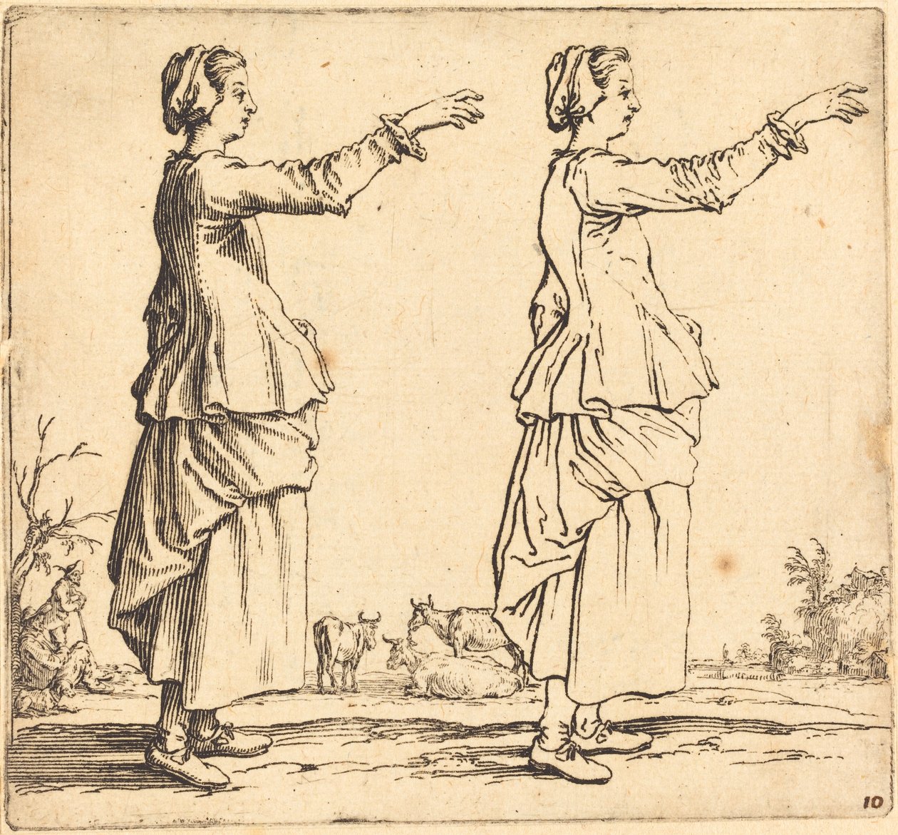 Campesina, de perfil, mirando a la derecha, con el brazo extendido de Jacques Callot