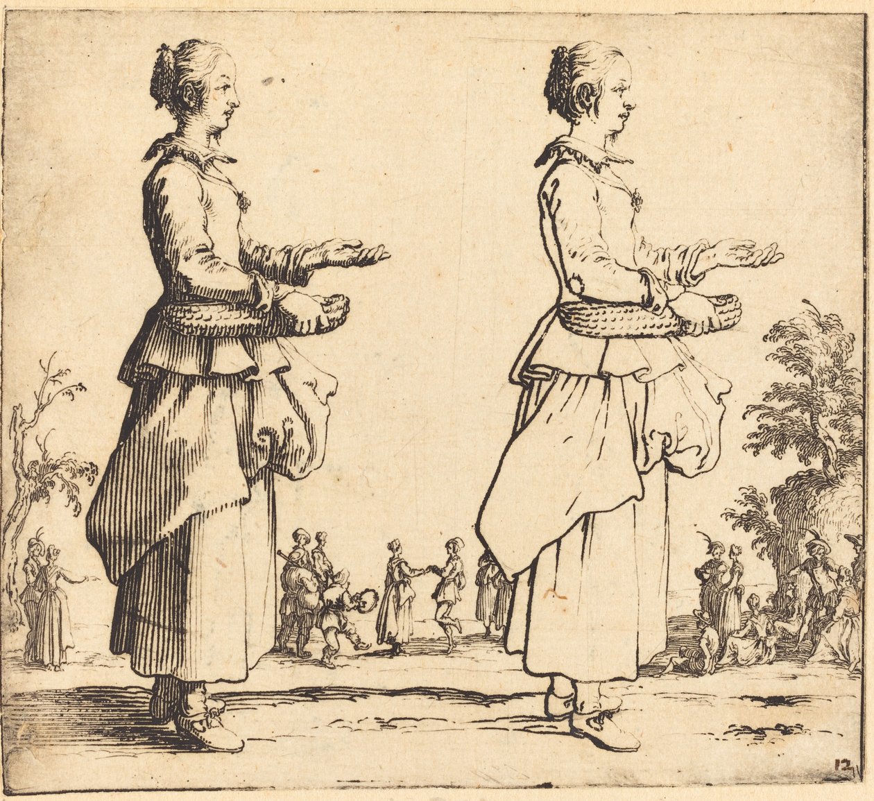 Mujer campesina con cesta, de perfil, mirando a la derecha, 1617 y 1621 de Jacques Callot
