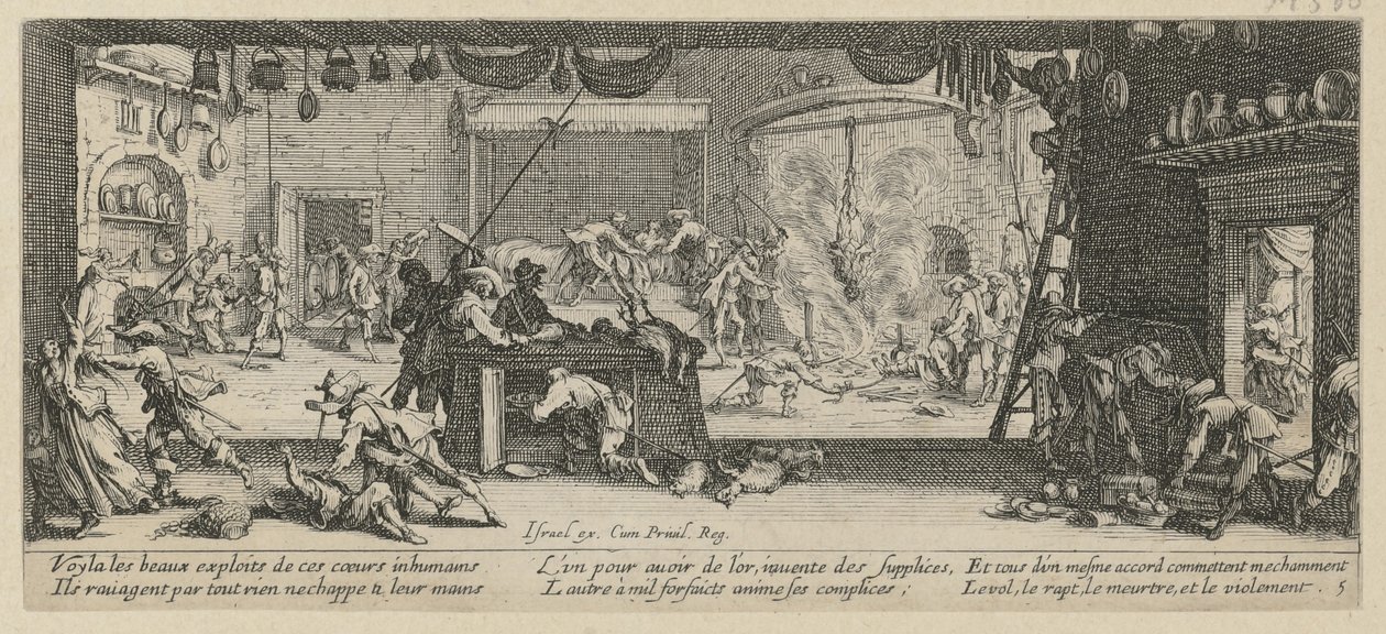 Saqueo de una granja, lámina 5 del episodio «Los horrores de la guerra» de Jacques Callot