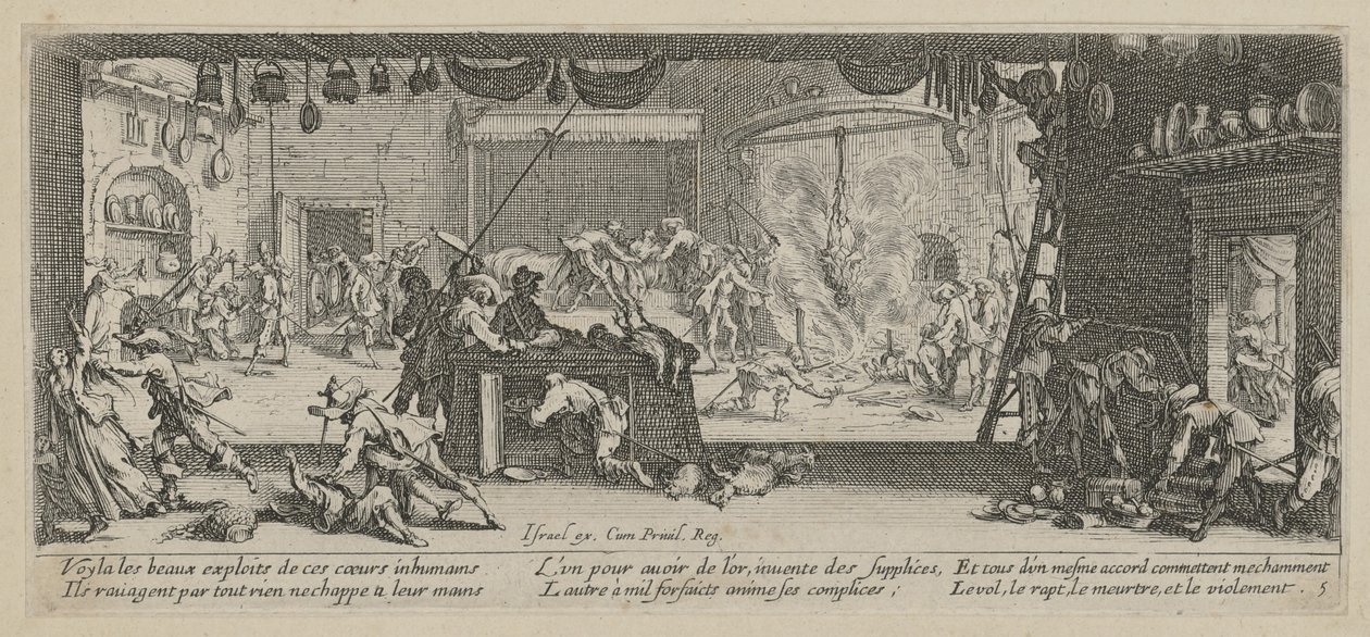 Saqueo de una granja, lámina 5 del episodio «Los horrores de la guerra» de Jacques Callot