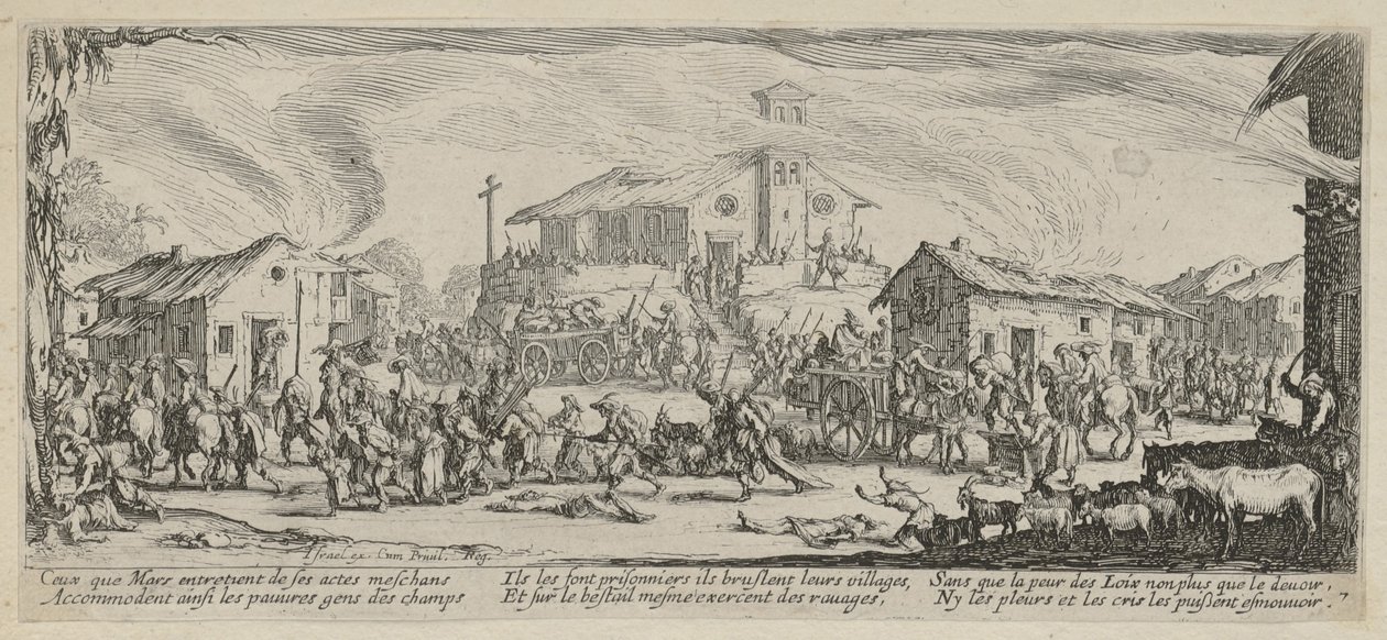 Saqueo e incendio de un pueblo, página 7 de la serie «Los horrores de la guerra» de Jacques Callot