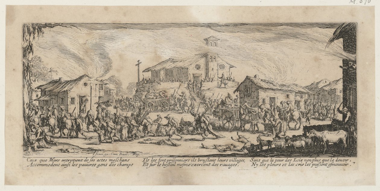 Saqueo e incendio de un pueblo, lámina 7 de la serie «Miserias de la guerra» de Jacques Callot