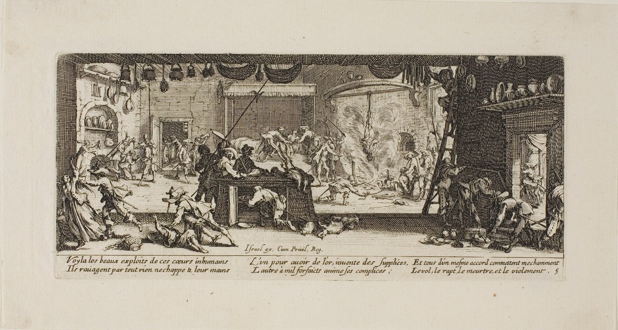 Saqueo de una gran granja, lámina cinco de Las miserias de la guerra de Jacques Callot