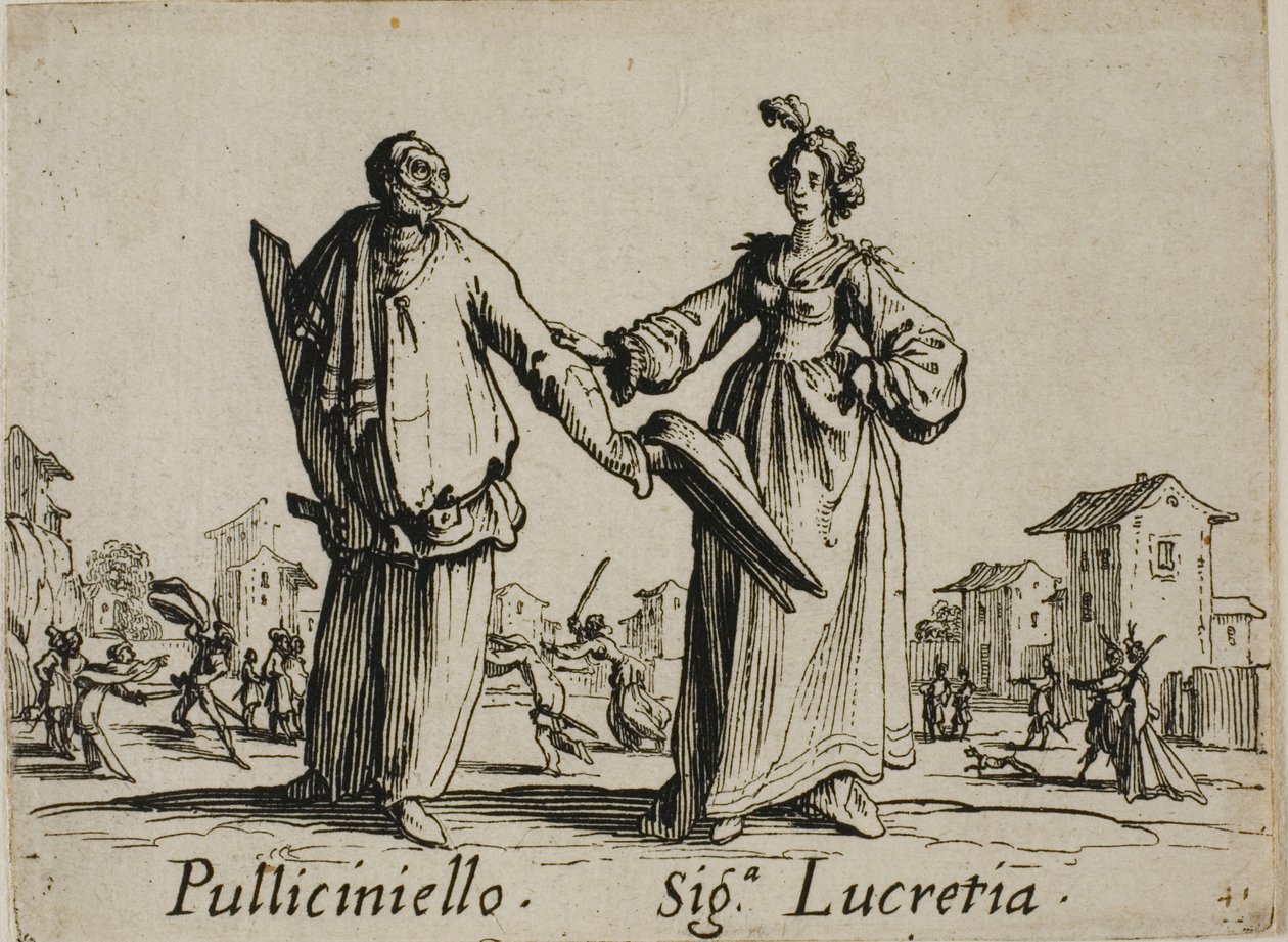 Pulliciniello - Signora Lucretia, lámina 9 de Balli di Sfessania de Jacques Callot