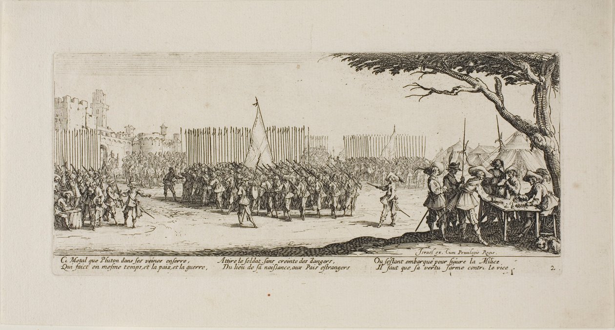Reclutamiento de tropas, lámina dos de Las Miserias de la Guerra de Jacques Callot