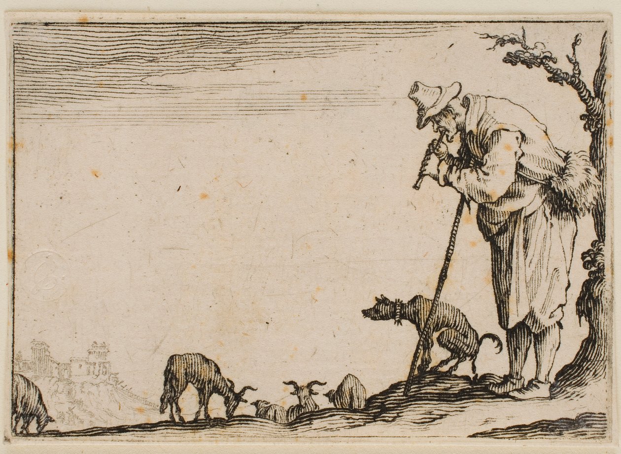 Pastor tocando la flauta, de «Los caprichos» (edición de Florencia) de Jacques Callot