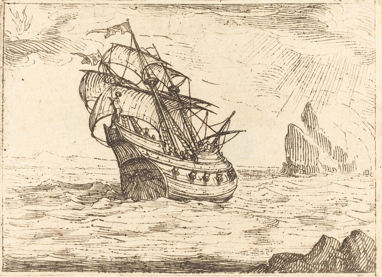 Barco navegando cerca de rocas de Jacques Callot