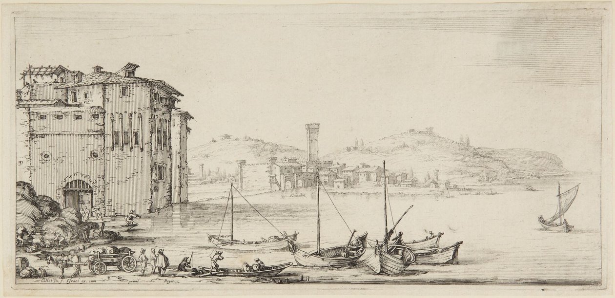 Barcos siendo cargados, de la serie Diverse Vedute Designate in Fiorenza (Diversos paisajes diseñados en Florencia) de Jacques Callot