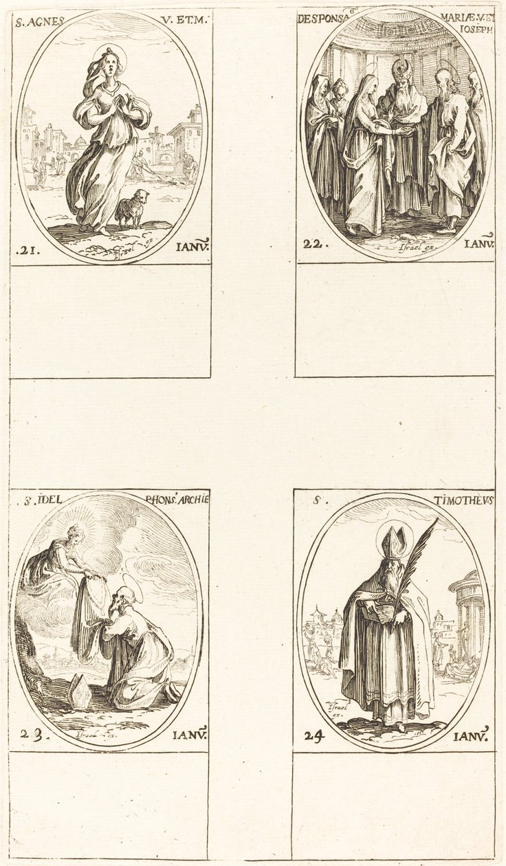 Santa Inés; El matrimonio de la Virgen; San Ildefonso; San Timoteo de Jacques Callot