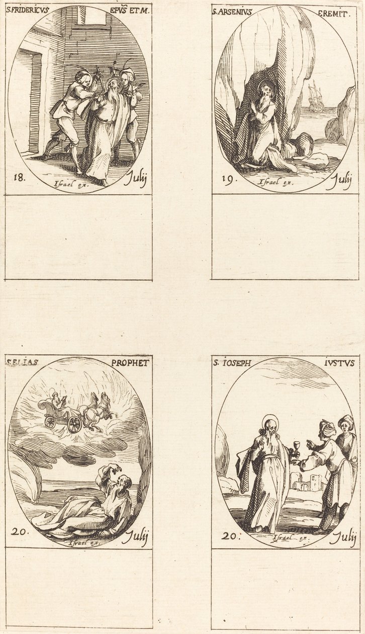 San Federico; San Arsenio, Ermitaño; San Elías, Profeta; San José el Justo de Jacques Callot