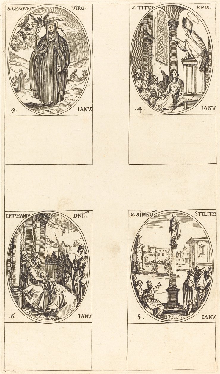 Santa Genoveva; San Tito; San Simeón Estilita; Epifanía de Jacques Callot