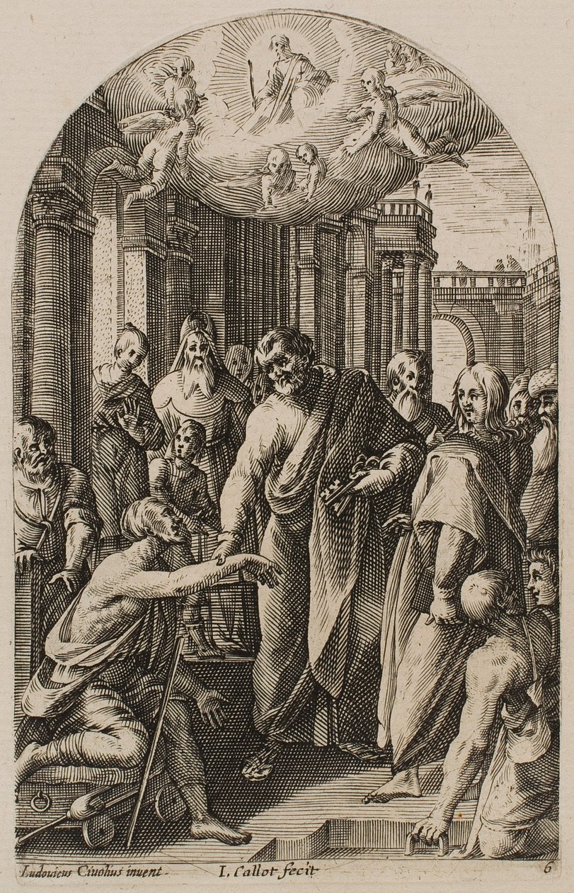 San Pedro y San Juan curan al cojo a la puerta del templo, de la serie «Imágenes de Roma» de Jacques Callot