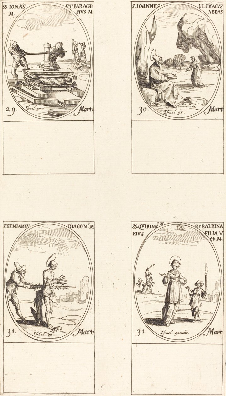 Santos Jonás y Barachisio; San Juan Clímaco, Abad; San Benjamín; Santos Quirino y Bal de Jacques Callot