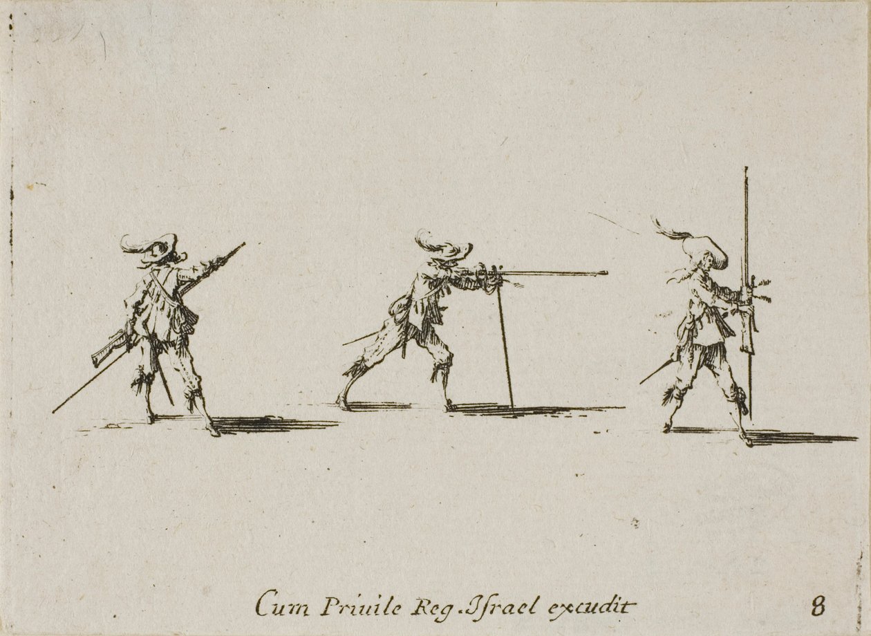 Tomando la posición de disparo con el mosquete, lámina ocho de Los ejercicios militares de Jacques Callot