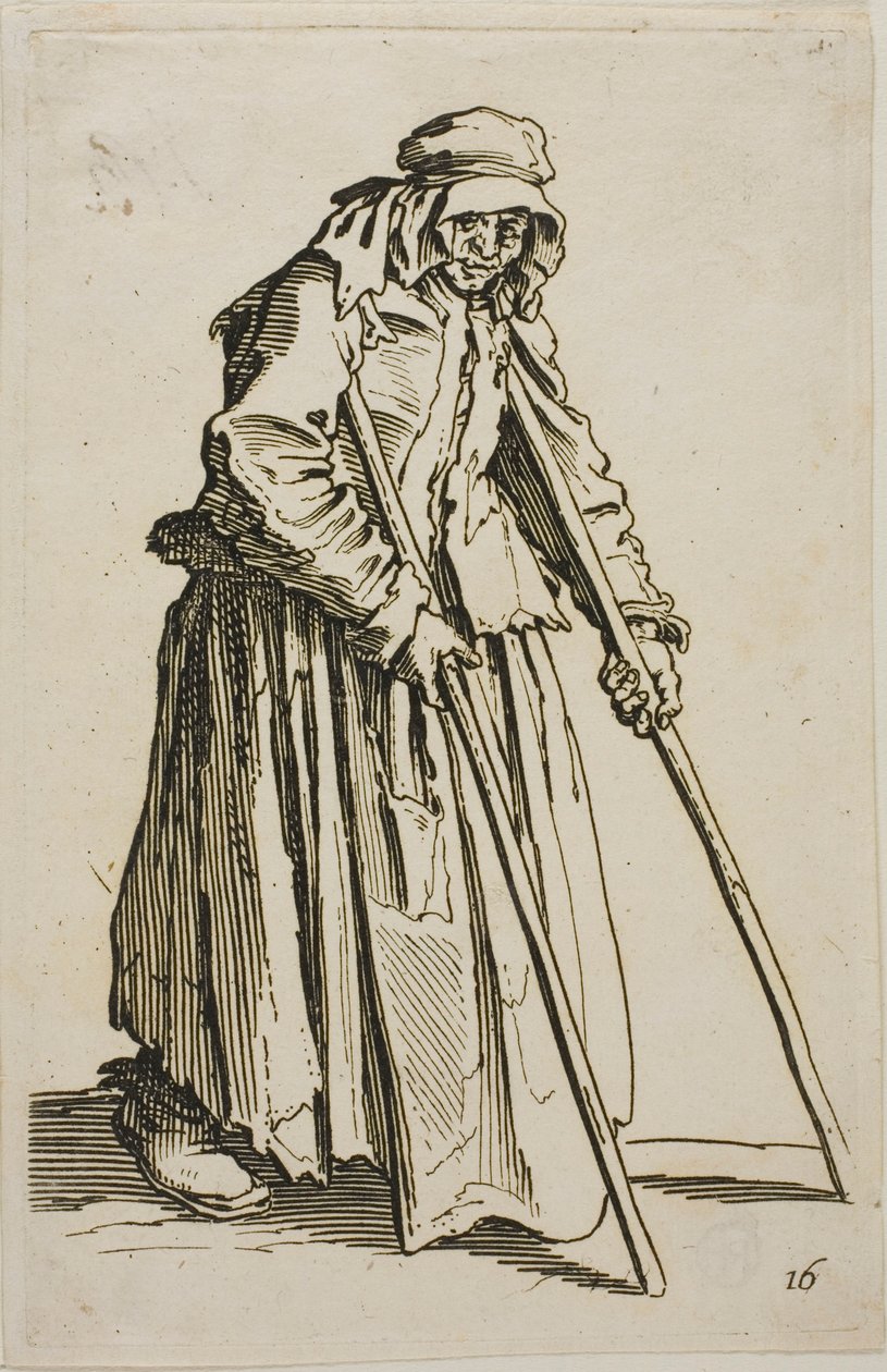 El mendigo con muletas y su cartera de mendigo, lámina diez de Los mendigos de Jacques Callot