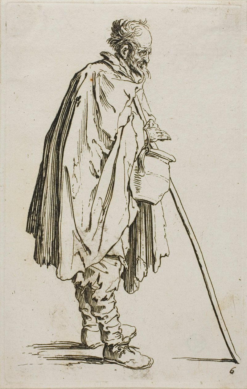 El mendigo con un calentador de pies, placa seis de Los mendigos de Jacques Callot