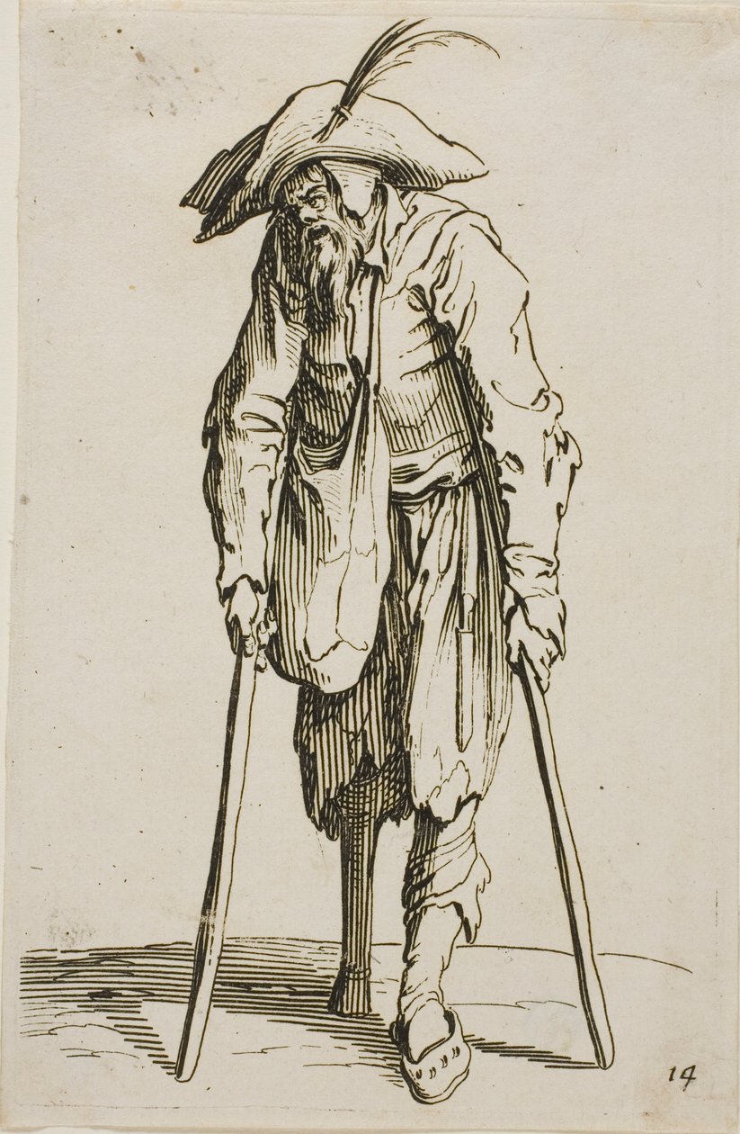 El mendigo con la pierna de madera, lámina catorce de Los Mendigos de Jacques Callot