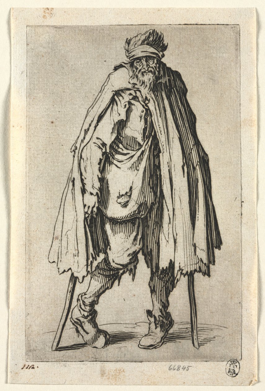 Los mendigos: Mendigo con muletas y una bolsa, c. 1623 de Jacques Callot