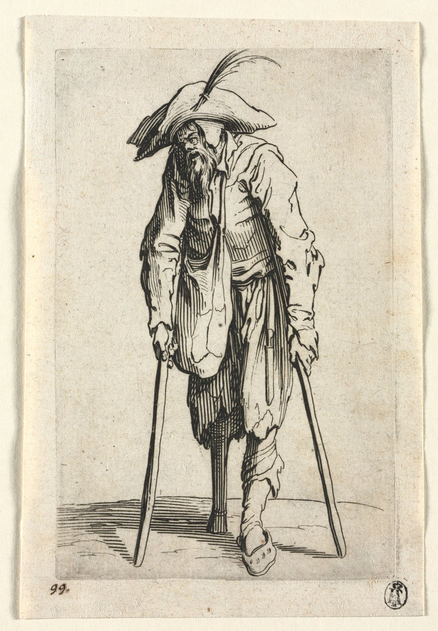 Los Mendigos: Mendigo con pierna de madera, c. 1623 de Jacques Callot