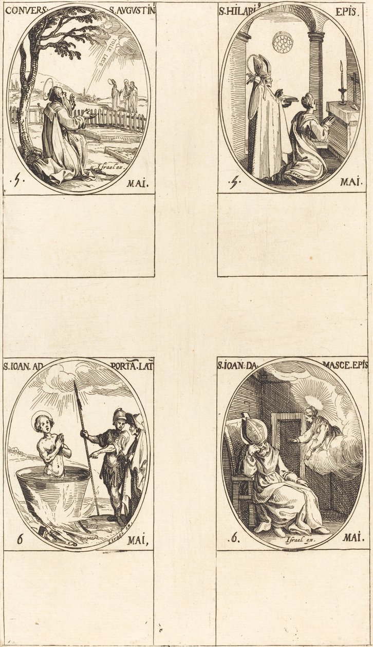 La conversión de San Agustín; San Hilario; San Juan ante el portal latino; San Juan de Damasco de Jacques Callot