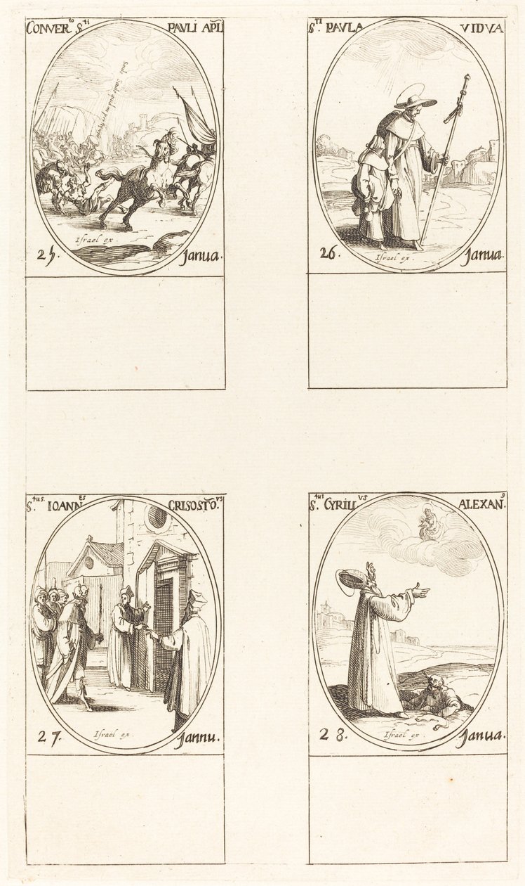 La conversión de Saulo; San Pablo; San Juan Crisóstomo; San Cirilo de Alejandría de Jacques Callot