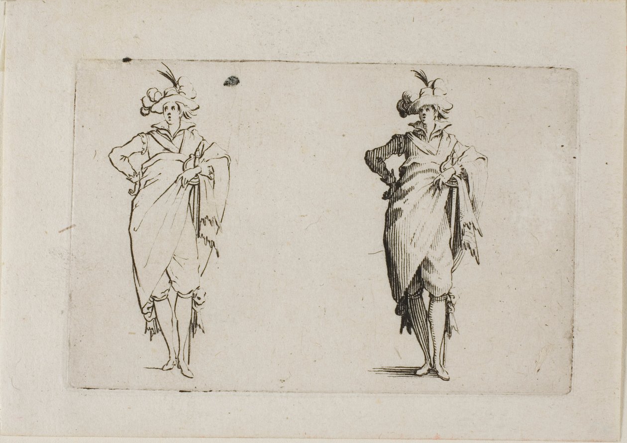 El caballero visto de frente, con su mano derecha en la cadera, de Los Caprichos de Jacques Callot