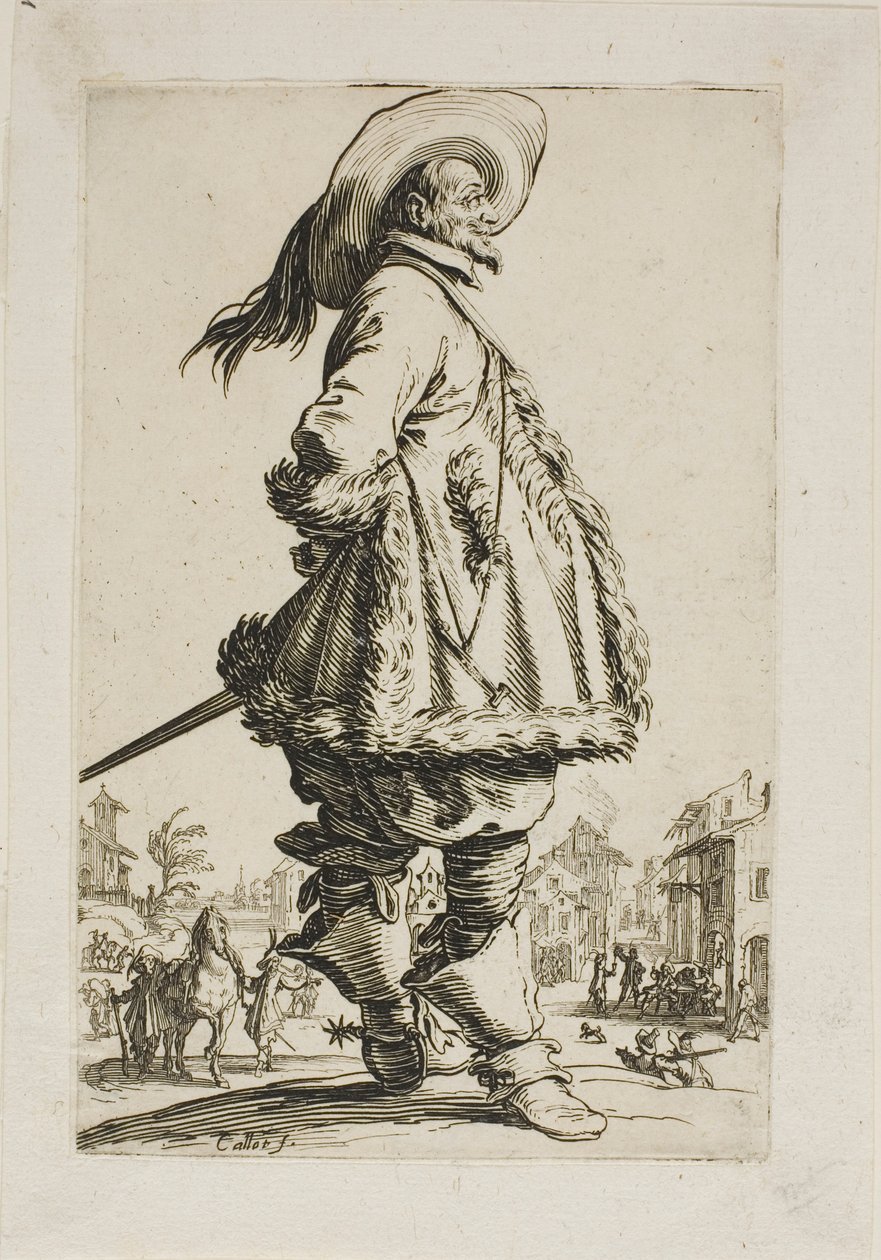 El caballero con un manto adornado con piel, con las manos detrás de la espalda, lámina siete de La Nobleza de Jacques Callot