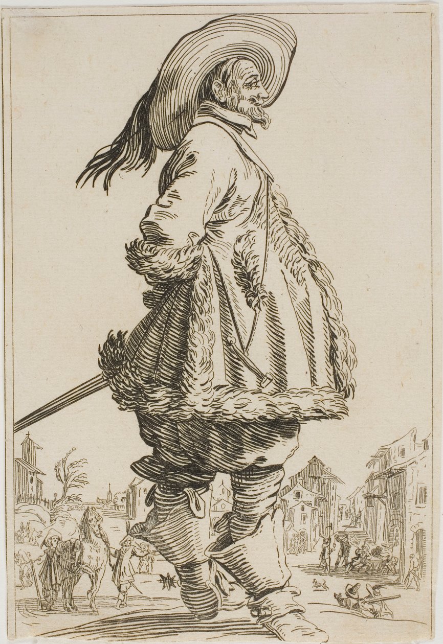 El caballero con manto adornado de piel con las manos detrás de la espalda, de la serie La nobleza de Lorena de Jacques Callot