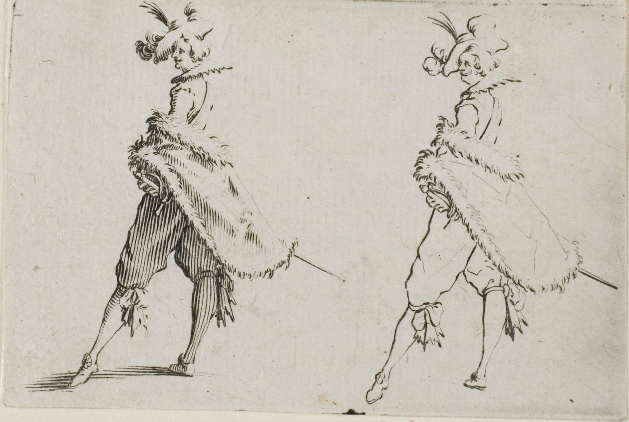 El caballero con abrigo, posando con las manos en las caderas, de Los Caprichos de Jacques Callot
