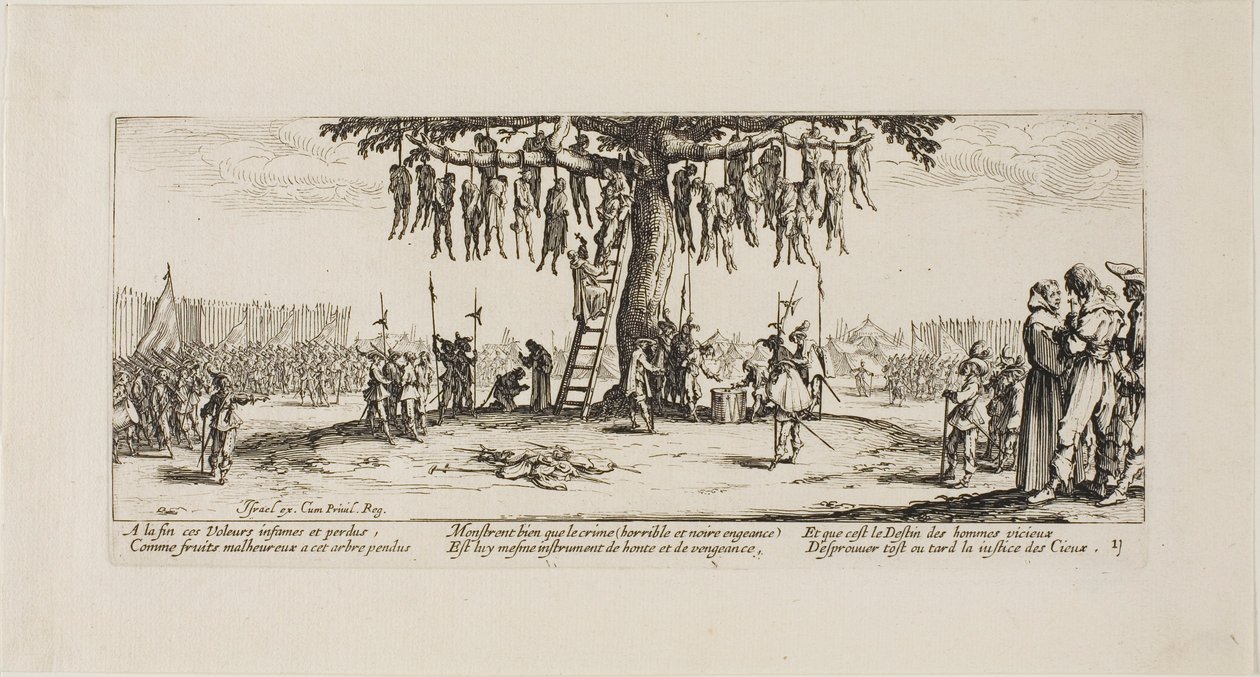 La horca, lámina once de Las miserias de la guerra de Jacques Callot