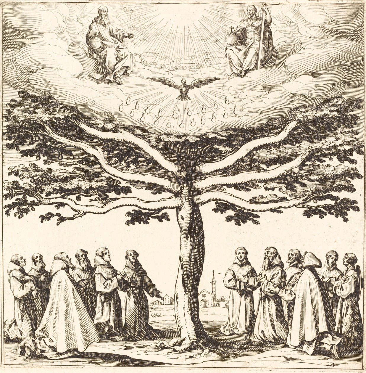La Santísima Trinidad en el Árbol de la Vida, adorada por franciscanos de Jacques Callot