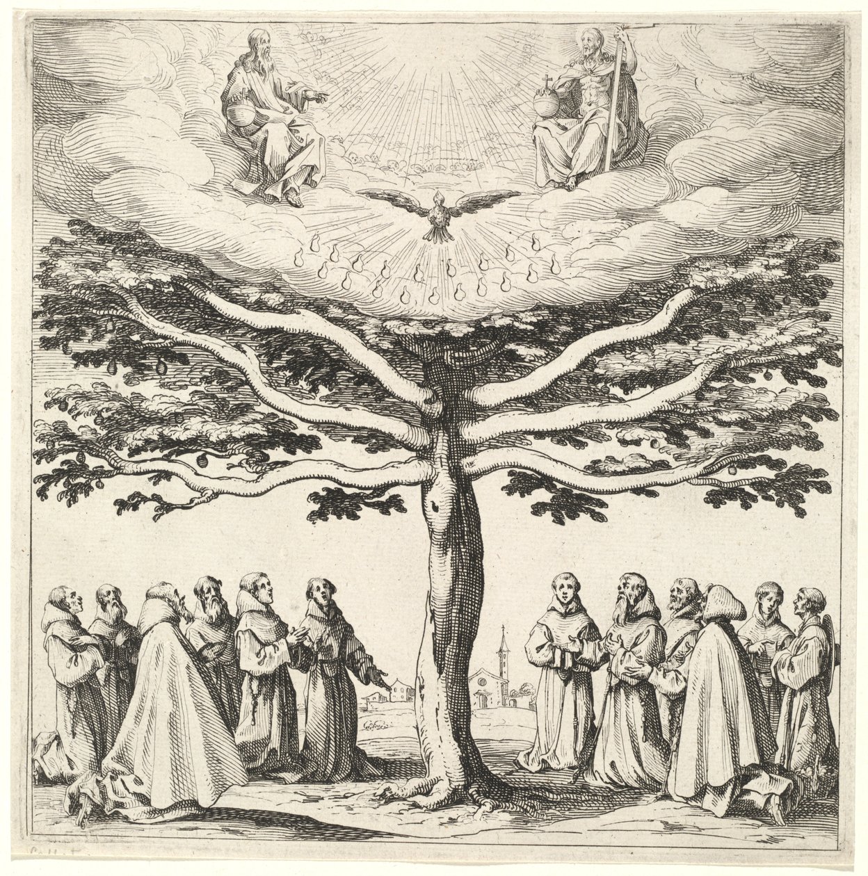 La Santísima Trinidad en el Árbol de la Vida, adorada por franciscanos de Jacques Callot
