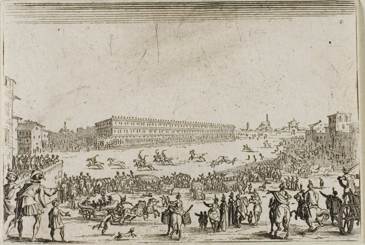 La carrera de caballos en el Palacio Pitti, en Florencia, de Los Caprichos de Jacques Callot