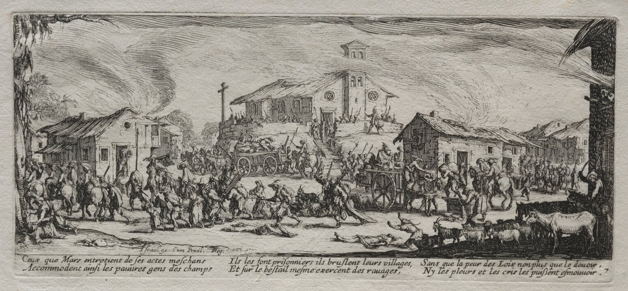 Las grandes miserias de la guerra: Saqueo e incendio de una aldea, 1633 de Jacques Callot