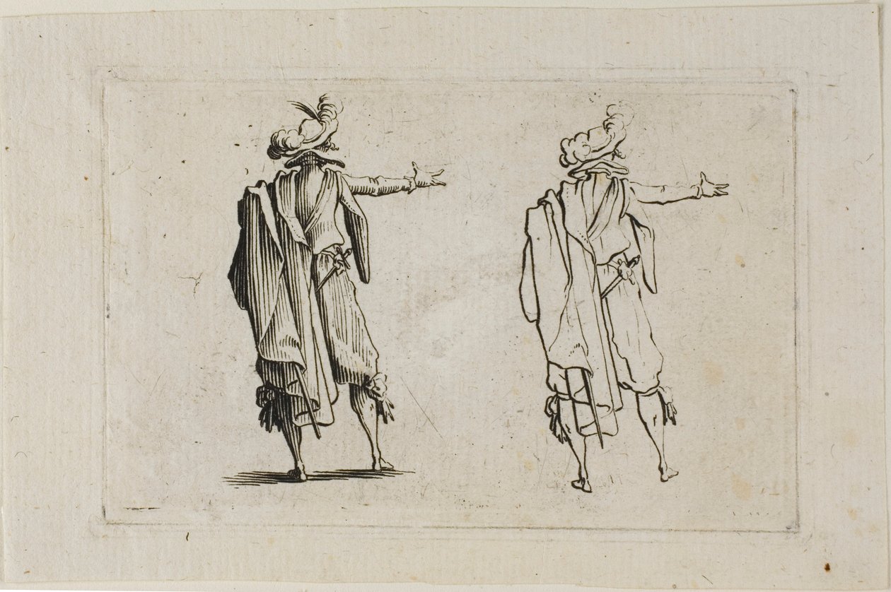 El hombre visto desde atrás, brazo derecho levantado, de Los Caprichos de Jacques Callot