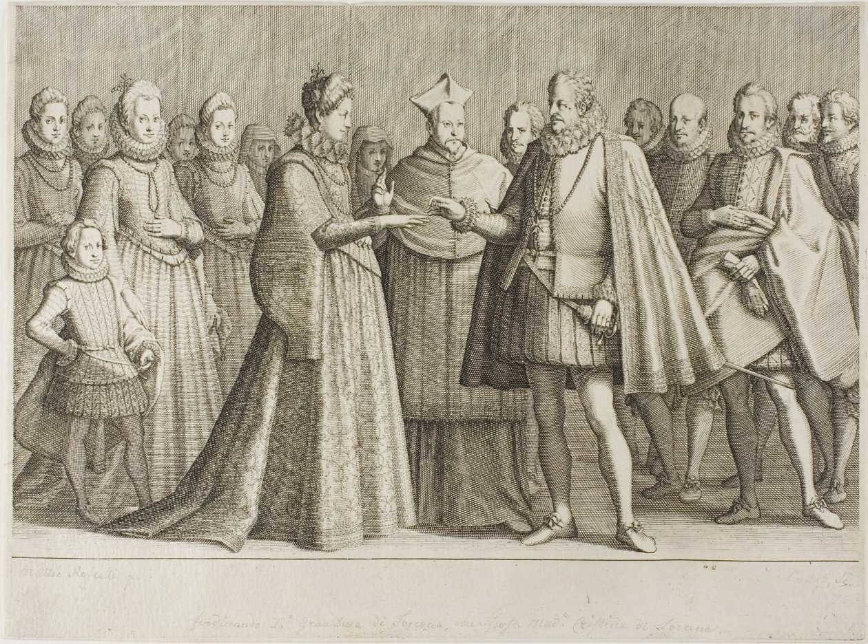 El matrimonio de Fernando de Médicis y la duquesa Cristina de Lorena, lámina 1 de La vida de Fernando de Médicis de Jacques Callot