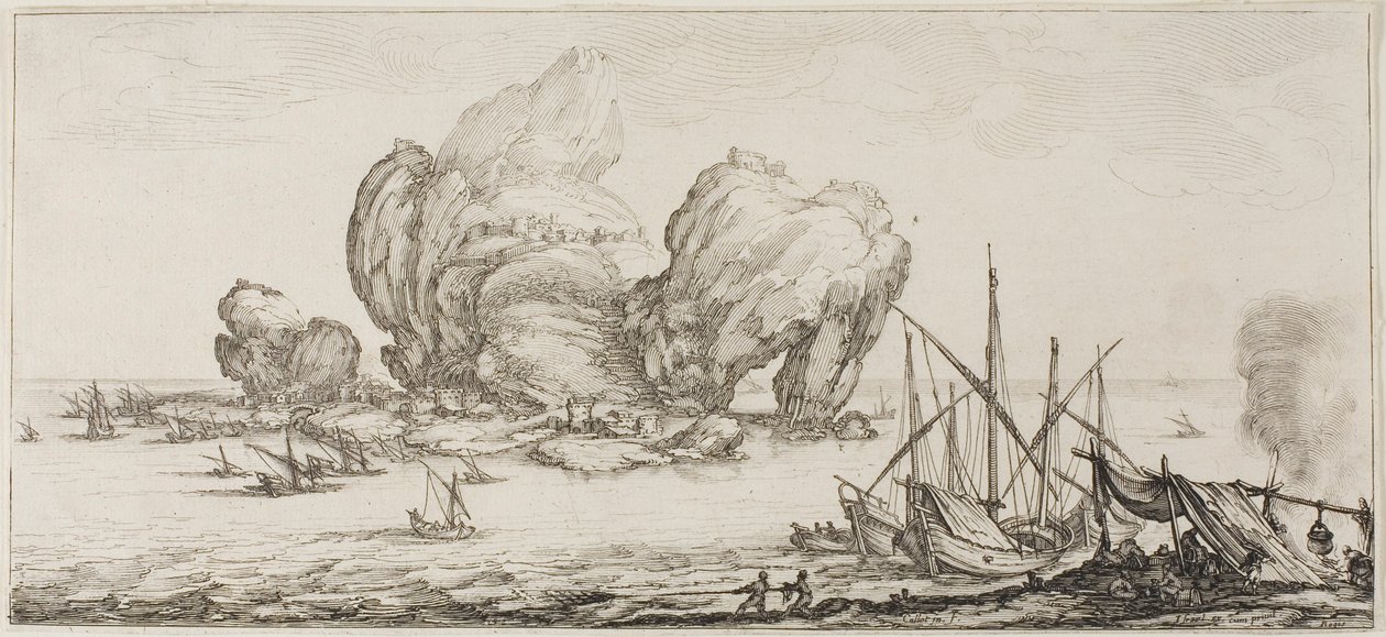 La batalla naval, de varias escenas diseñadas en Florencia de Jacques Callot
