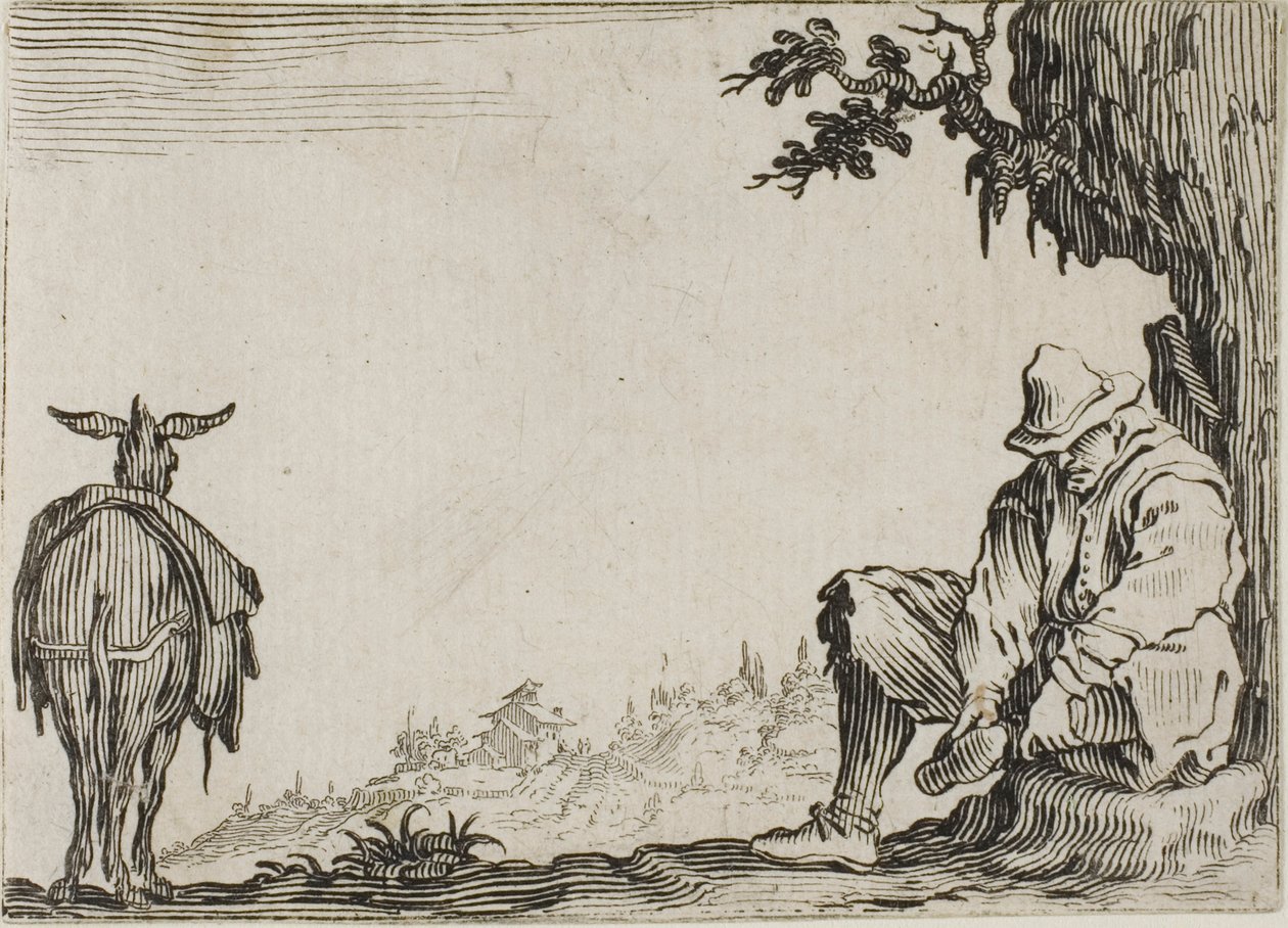 El campesino quitándose los zapatos, de Los Caprichos de Jacques Callot