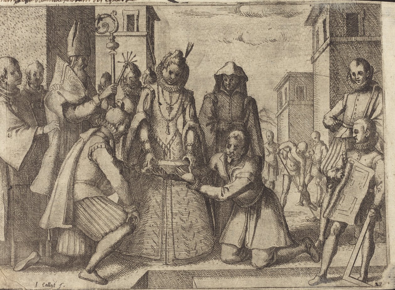 La Reina Colocando la Primera Piedra para la Iglesia de las Clarisas Pobres en España [verso] de Jacques Callot