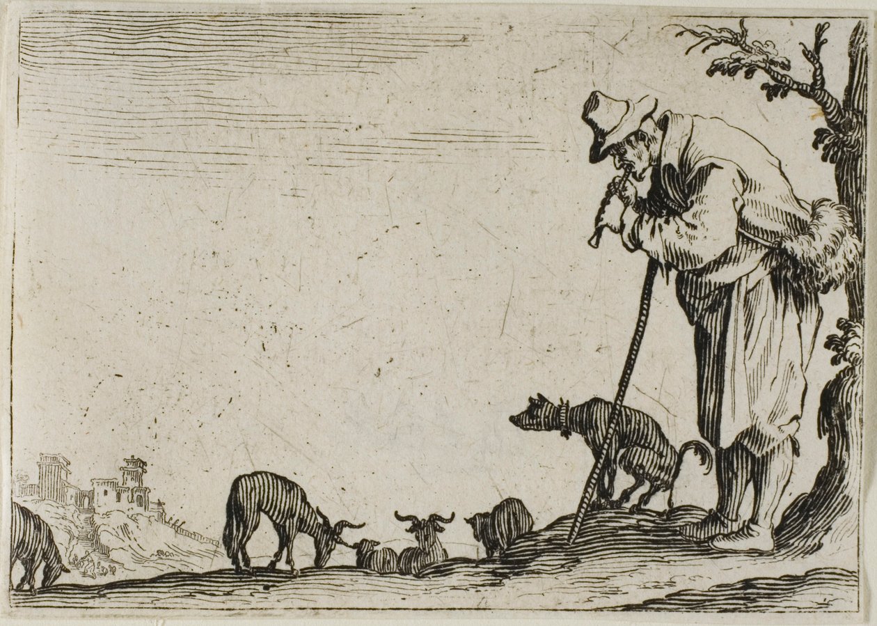 El pastor tocando una flauta, de Los Caprichos de Jacques Callot