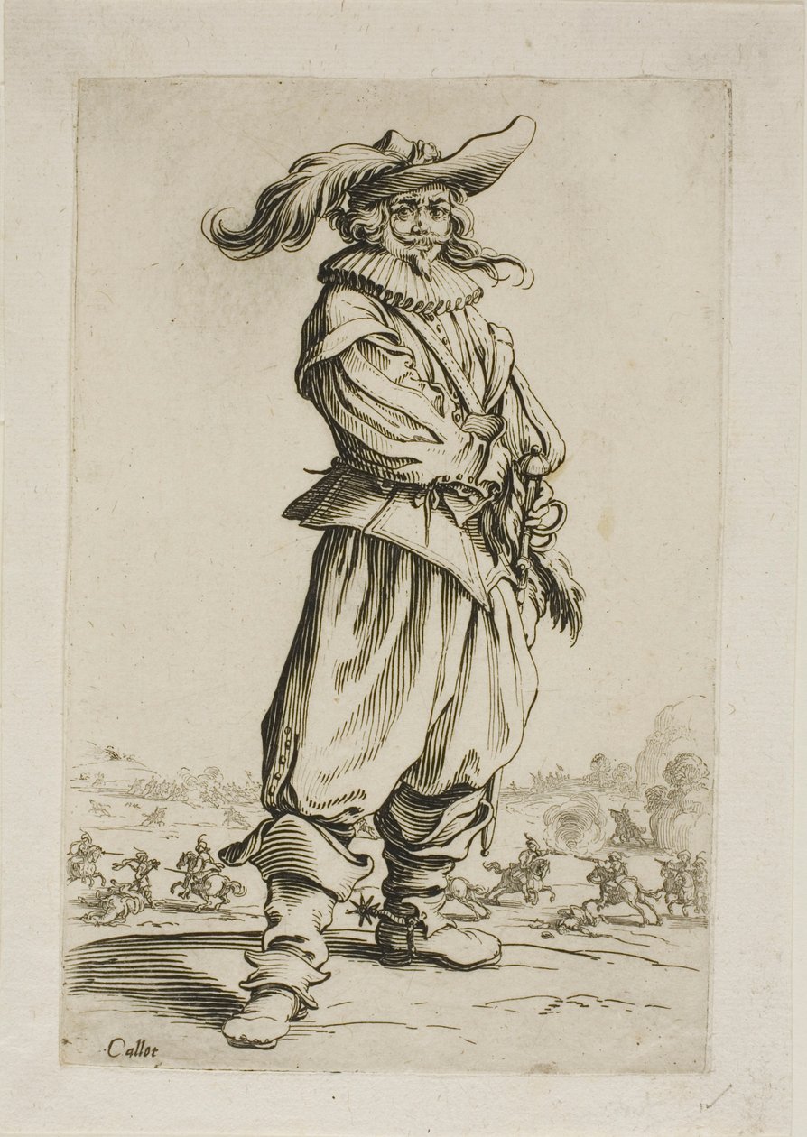 El soldado con sombrero emplumado, placa tres de La Noblesse de Jacques Callot