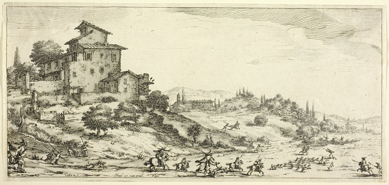 La caza del ciervo, de varias escenas diseñadas en Florencia de Jacques Callot