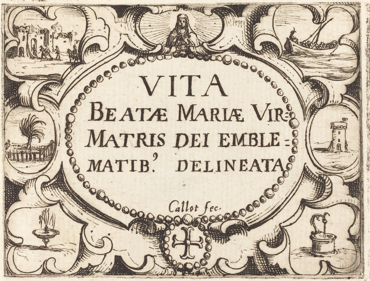 Página de título para "La vida de la Virgen en emblemas" de Jacques Callot