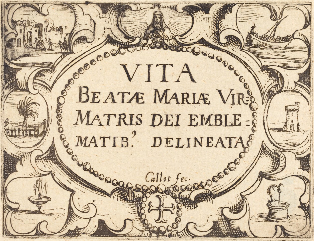 Página de título para "La vida de la Virgen en emblemas" de Jacques Callot